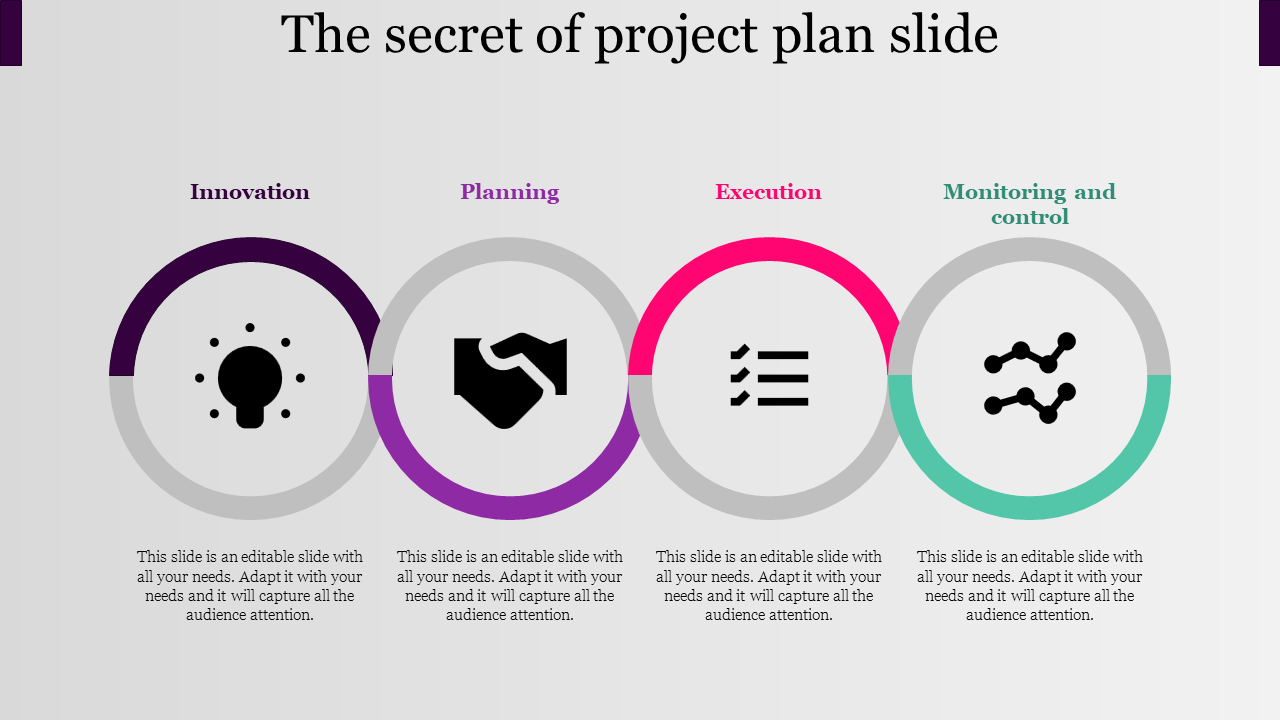 Project plan diagram with four colored circles purple, pink, teal, and gray, showing icons for key project phases.