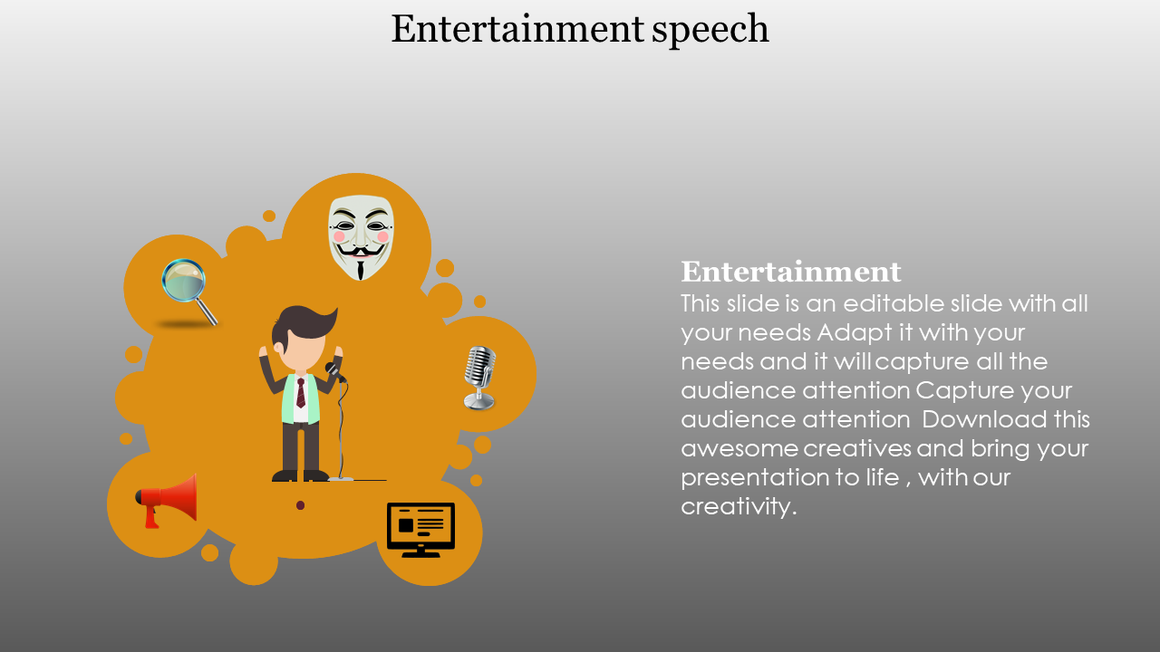 Entertainment concept with an orange speech bubble containing icons for speaking, media, and a placeholder text block.