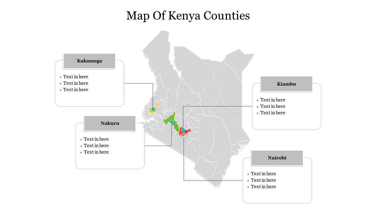 A  county map of Kenya, highlighting specific regions having four  textboxes for detailed presentation.