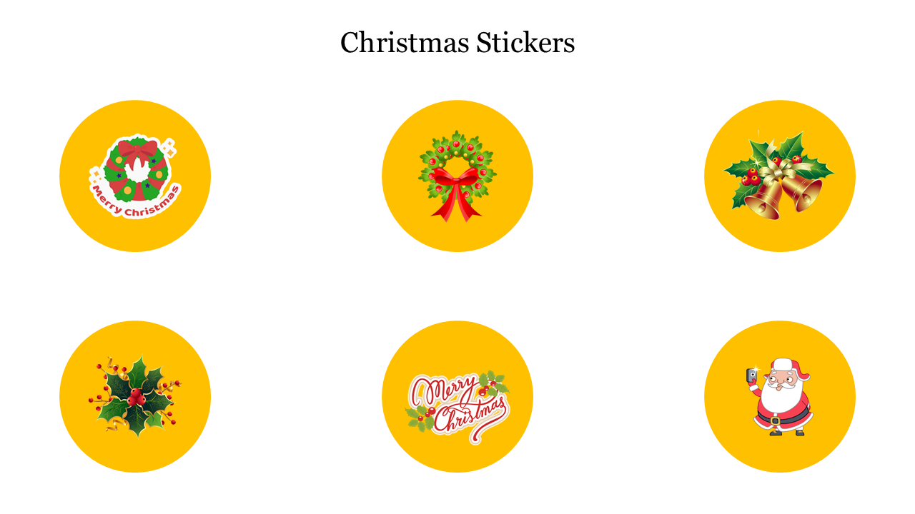 Set of yellow Christmas stickers featuring festive elements like wreaths and Santa on a white backdrop.