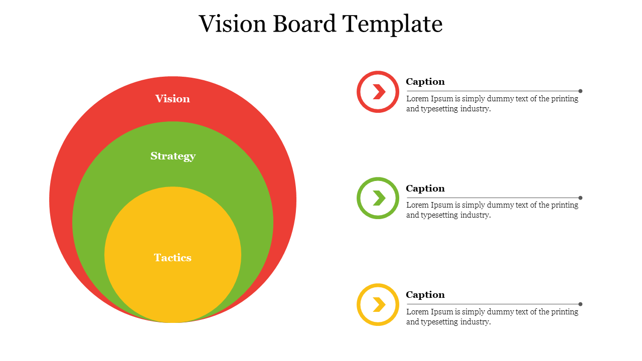 A colorful vision board diagram PPT slide showing Vision, Strategy, and Tactics as concentric circles with captions.