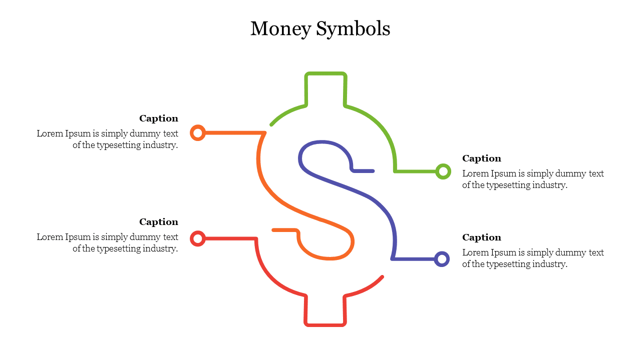 Outline of a dollar symbol in green, orange, red, and blue with captions extending from each side.