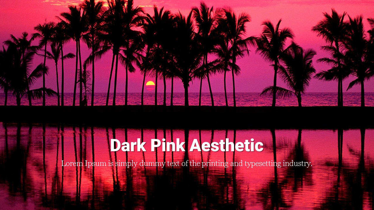 Tropical landscape of palm trees silhouetted against a dark pink sunset reflected on a body of water.