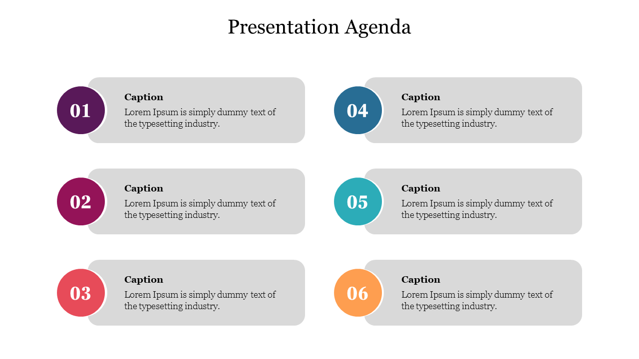 Presentation agenda PPT slide with six numbered items and descriptions in gray and colored circles on a white backdrop.