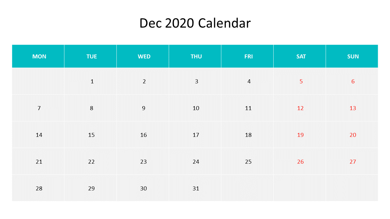 December 2020 calendar layout with teal headers for each day of the week, and red weekend dates for easy viewing.