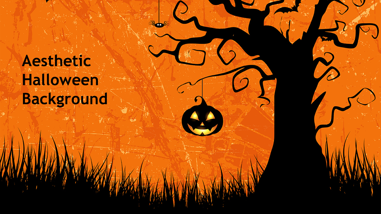 Spooky Halloween scene slide featuring a silhouette of a tree, a hanging pumpkin, and a spider against an orange background.