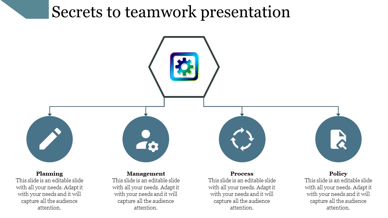 Teamwork slide with a central hexagonal icon and four branches leading to blue circular icons from planning to policy.