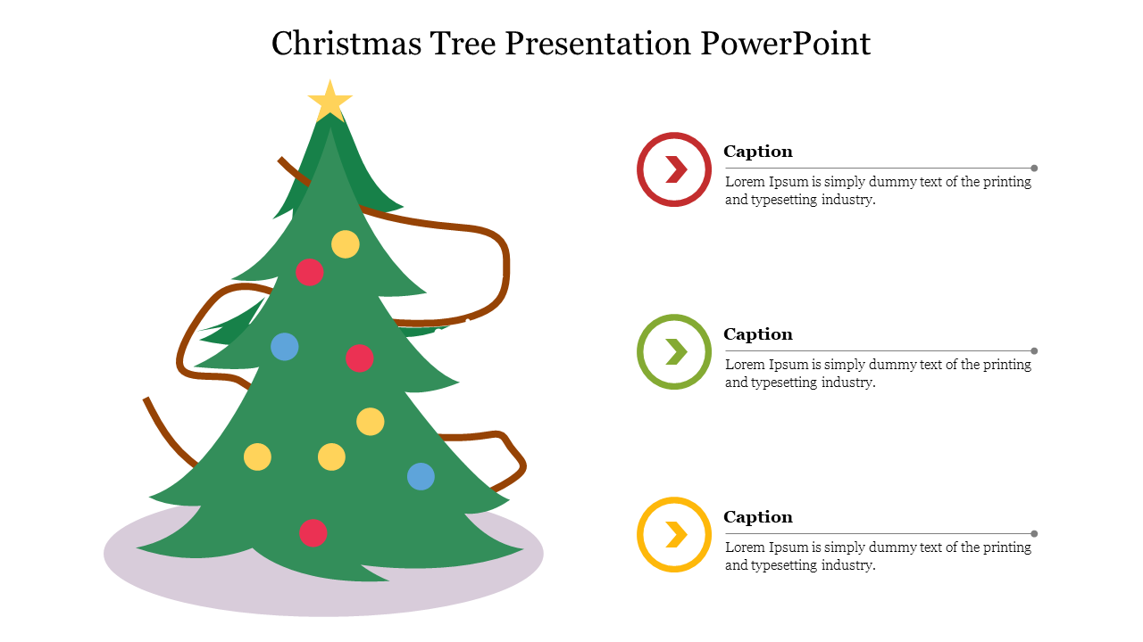 Christmas themed PowerPoint slide with a decorated tree and three captions for notes.