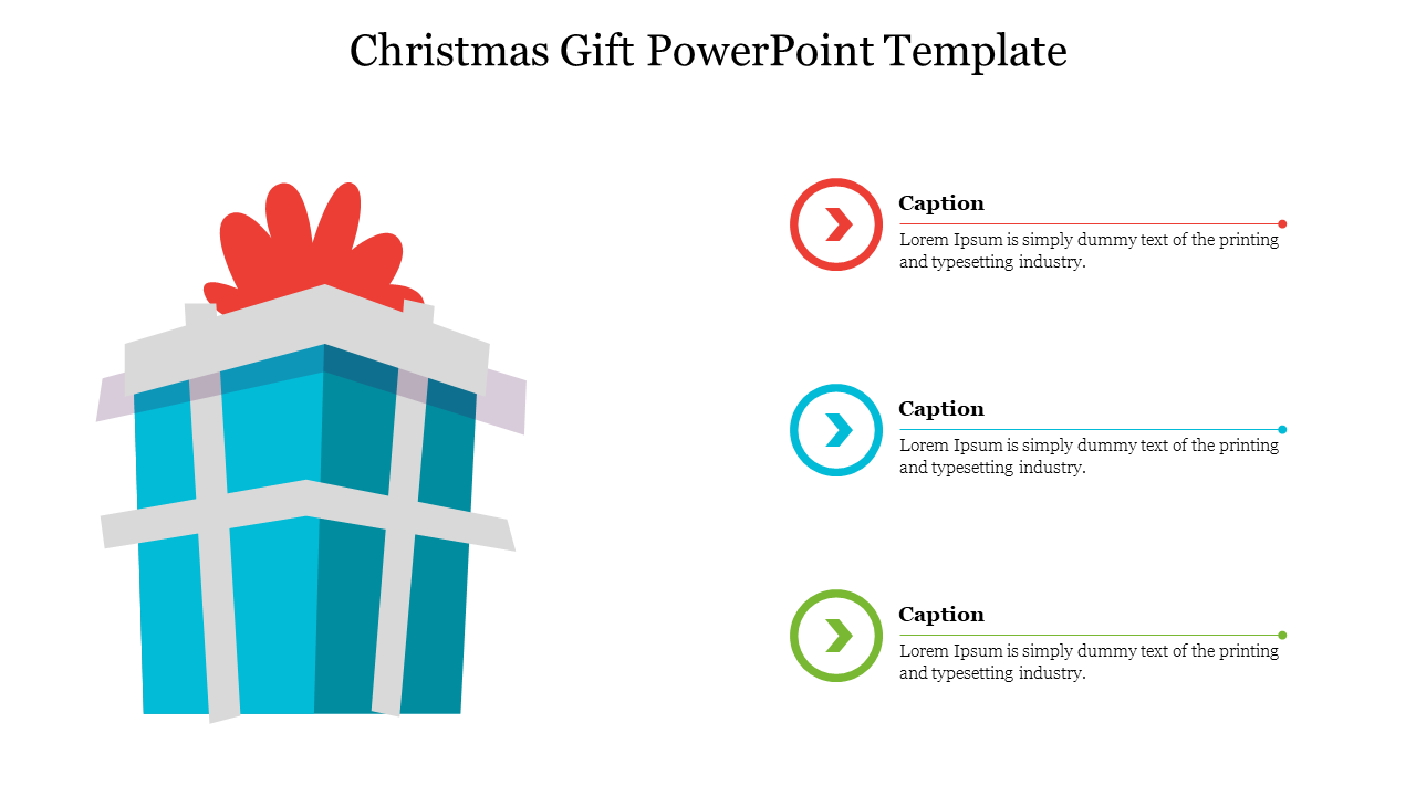 Christmas gift illustration in blue with red bow, three colored captions with arrows on right.