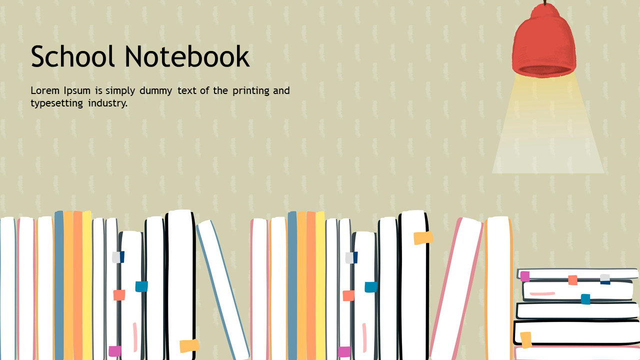 A colorful school notebook slide featuring illustrated notebooks with a light hanging above and placeholder text.