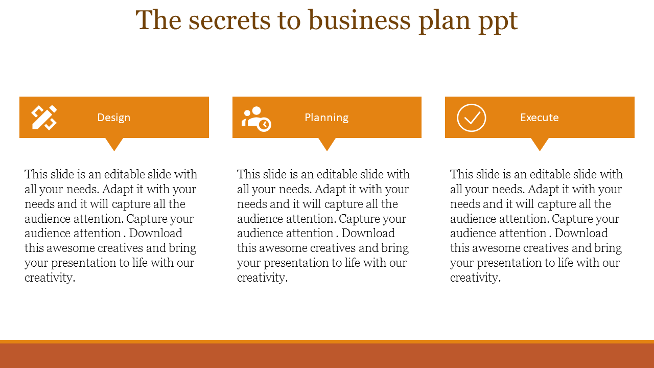 Business plan PowerPoint slide with sections for design, planning, and execution, each with placeholder text.