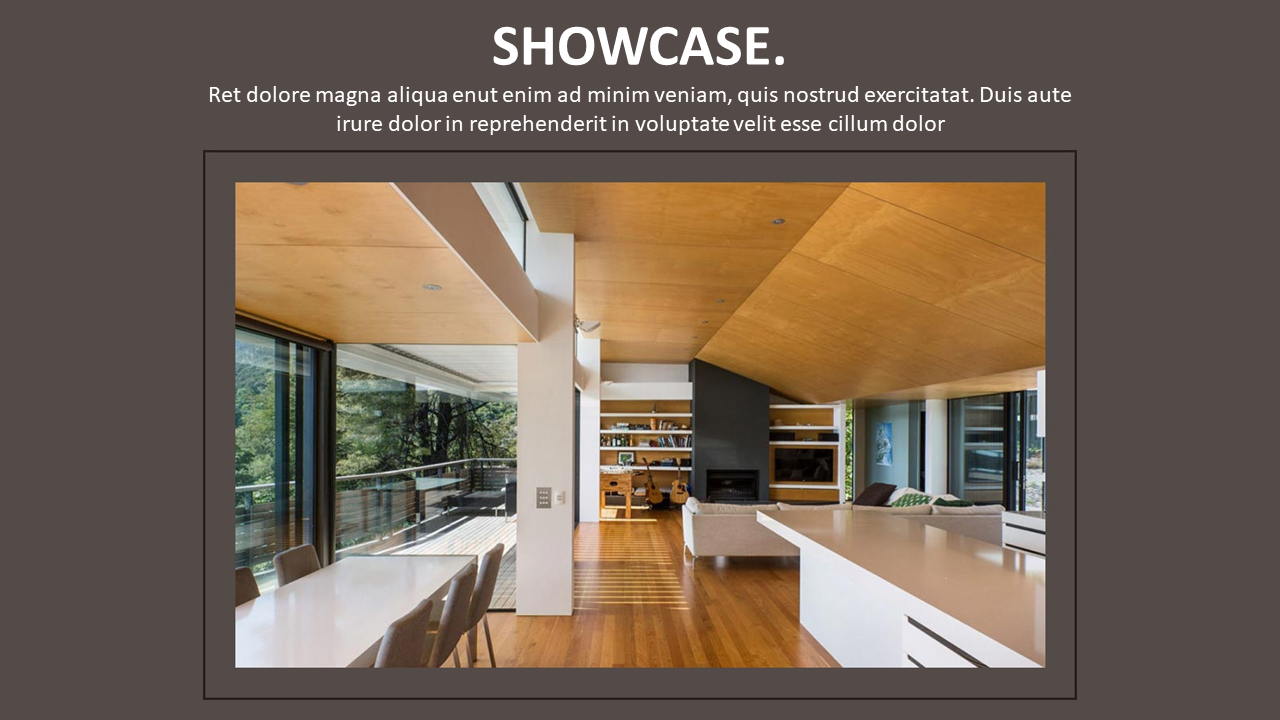 Interior view of a contemporary home with a wooden ceiling, large windows, and a dining area.