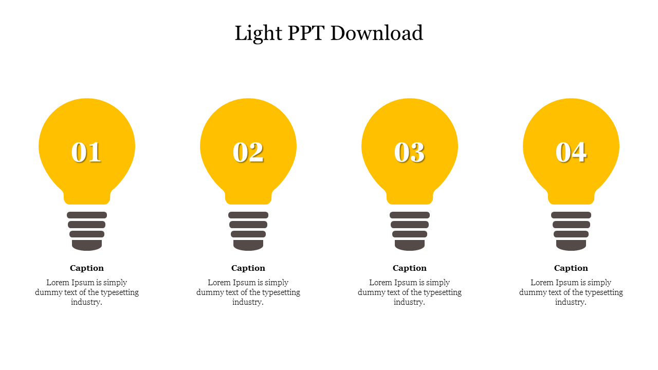 Four yellow light bulb icons with black bases, each numbered from 01 to 04 in white, and captions below.