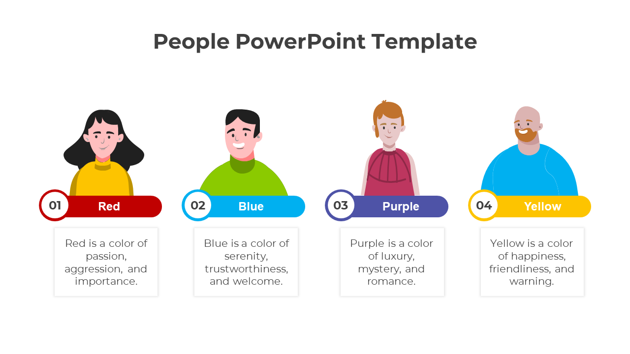 Four-person infographic template with associated color descriptions, focusing on the attributes of colours.