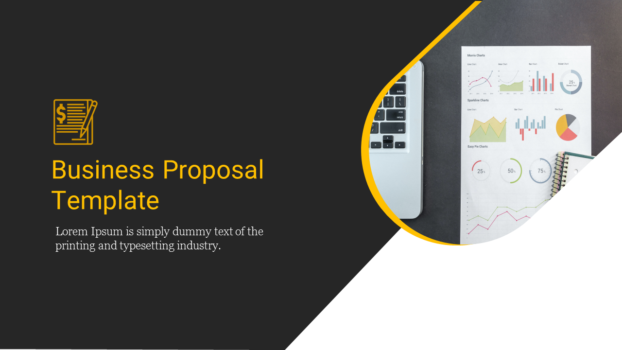 Black and yellow business proposal template with an icon of a document and a chart image next to a laptop.