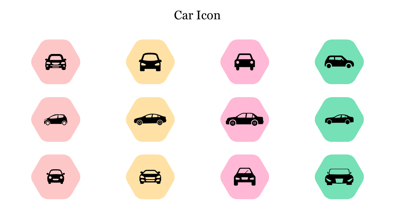 Twelve black car icons in hexagonal shapes, colored in pastel shades of pink, yellow, purple, and green.