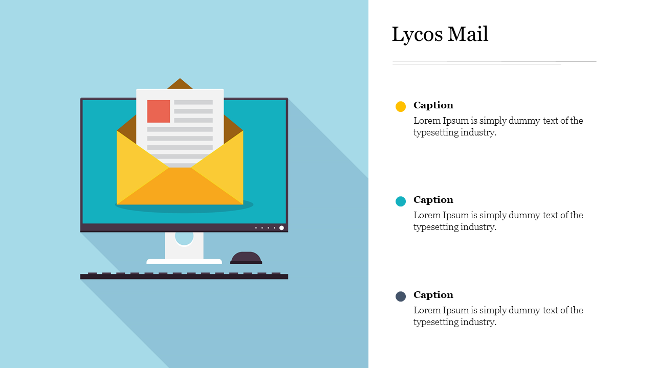 Graphic shows a computer monitor with a yellow envelope and a document, representing Lycos Mail.