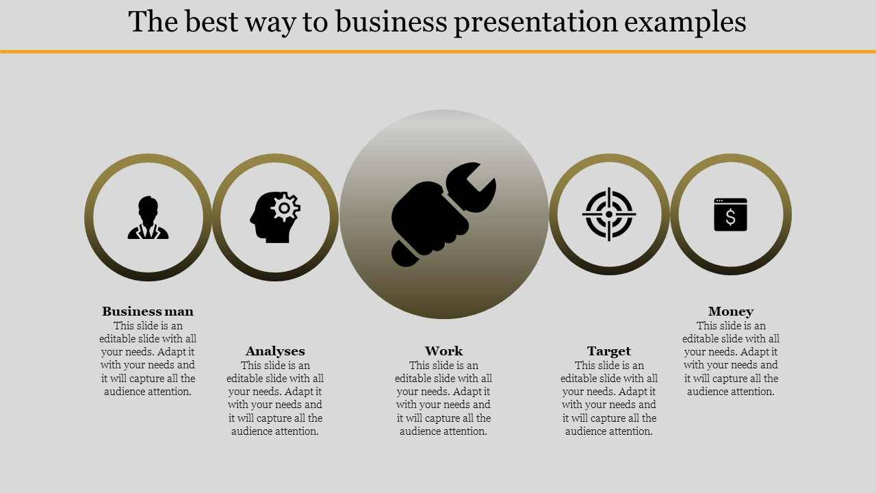 Business presentation slide featuring icons for business, analysis, work, target, and money with placeholder text.