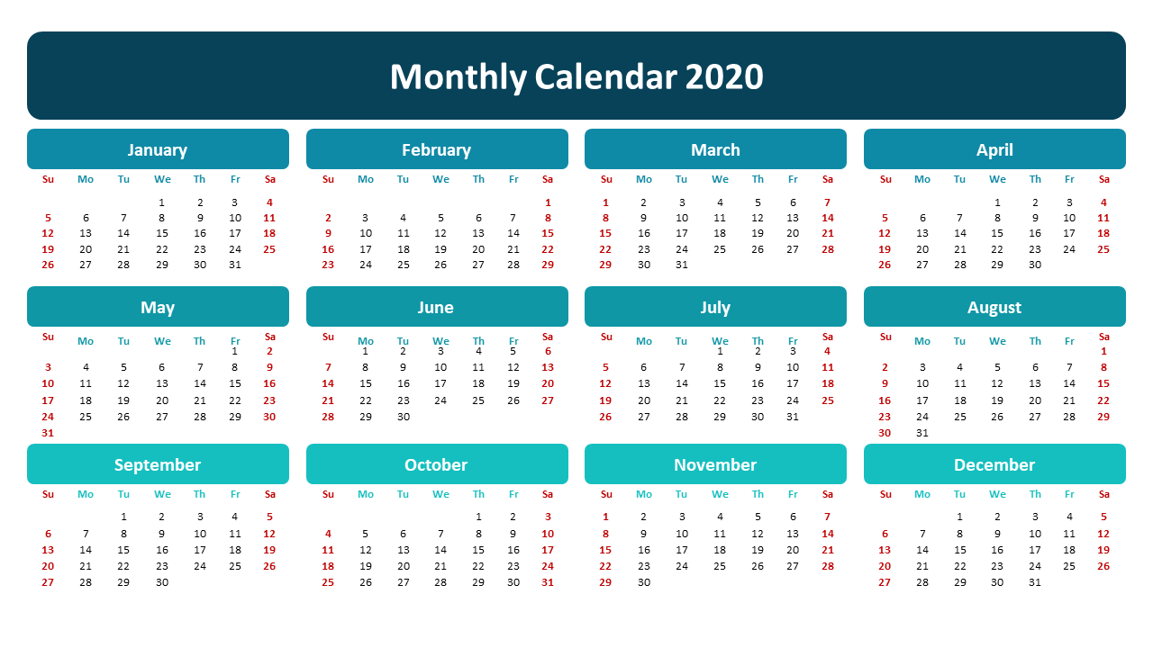 2020 monthly calendar featuring a grid layout for each month with blue and teal headers, and red weekends for easy reference.