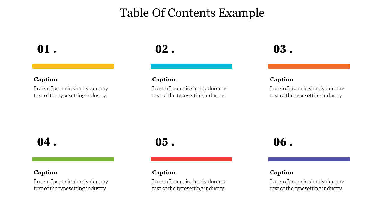 Table of contents with six sections, each with a different colored line and a caption below on a white backdrop.