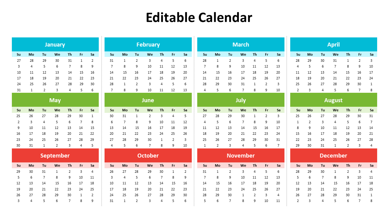 Calendar template featuring all months of the year in blue, green, and red, with day names, in a grid layout.