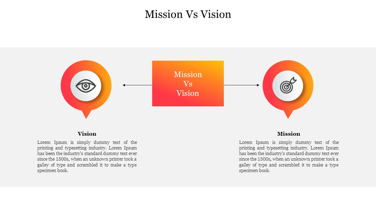 Slide comparing mission and vision with orange gradient circular icons, and arrows pointing between the two concepts.