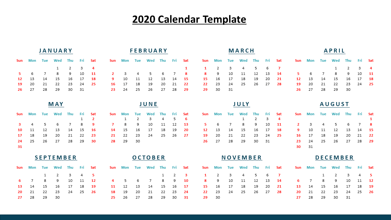 2020 calendar PowerPoint template displaying all months with dates, including weekends in red on a white backdrop.