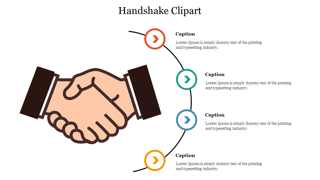 Illustration of two hands shaking with four colored captions arranged in a curve on the right side for text descriptions.