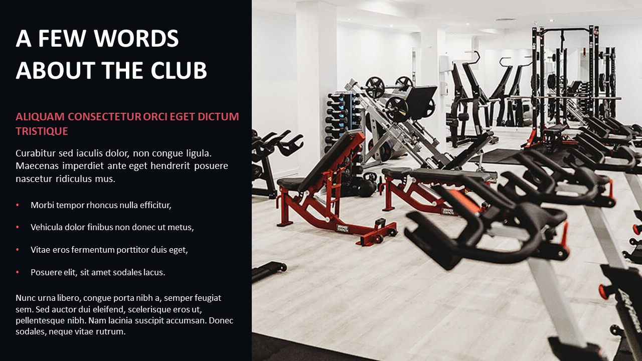 Fitness gym slide with a view of workout equipment, accompanied by a brief description of the club.