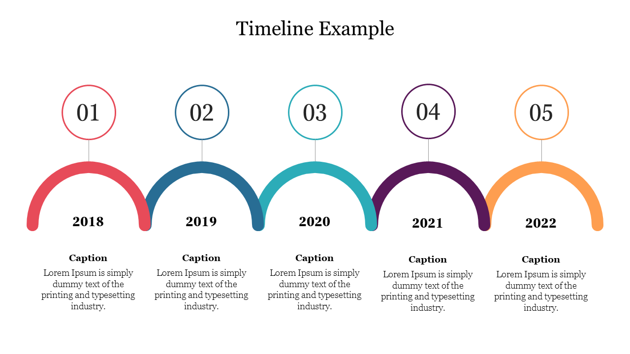 Colorful timeline PPT slide with five sections representing a year from 2018 to 2022, with captions below.