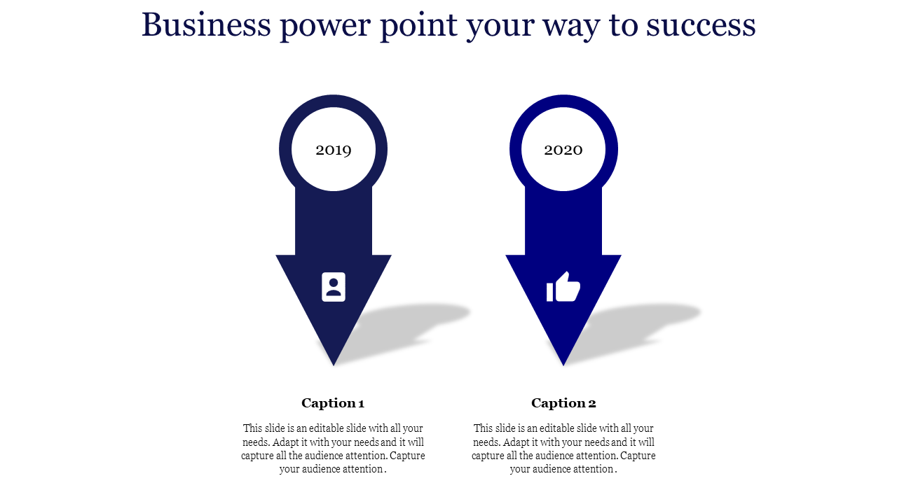 Business infographic with two bold blue arrows pointing down, highlighting milestones and caption areas for 2019 and 2020.