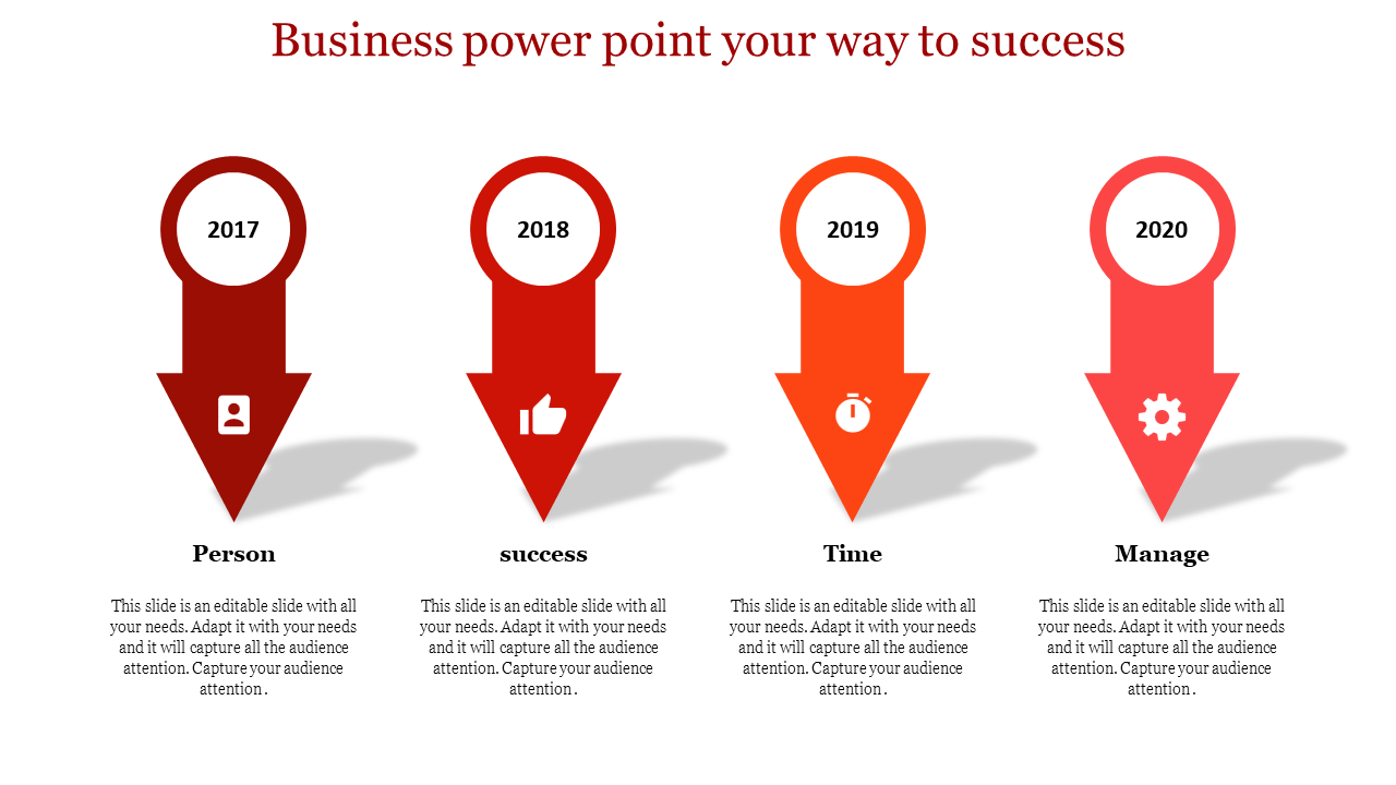 Business PPT template with colorful arrows showing the years 2017 to 2020, highlighting key areas with placeholder text.