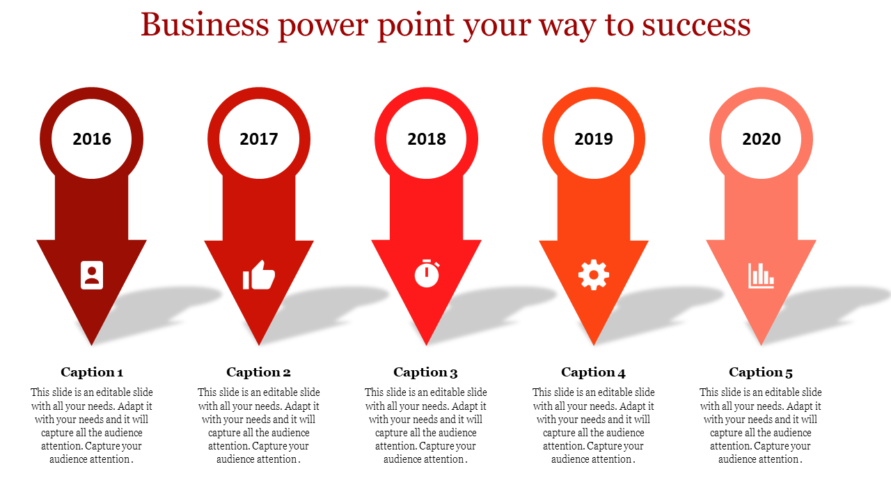 Five downward red gradient arrows with years 2016 to 2020, each labeled with icons and captions below.