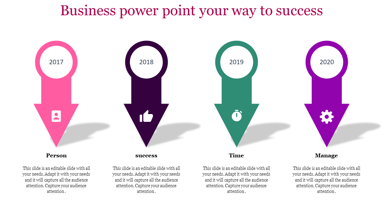 Business PowerPoint template showing four key arrows representing Person, Success, Time, and Manage with years 2017 and 2020.