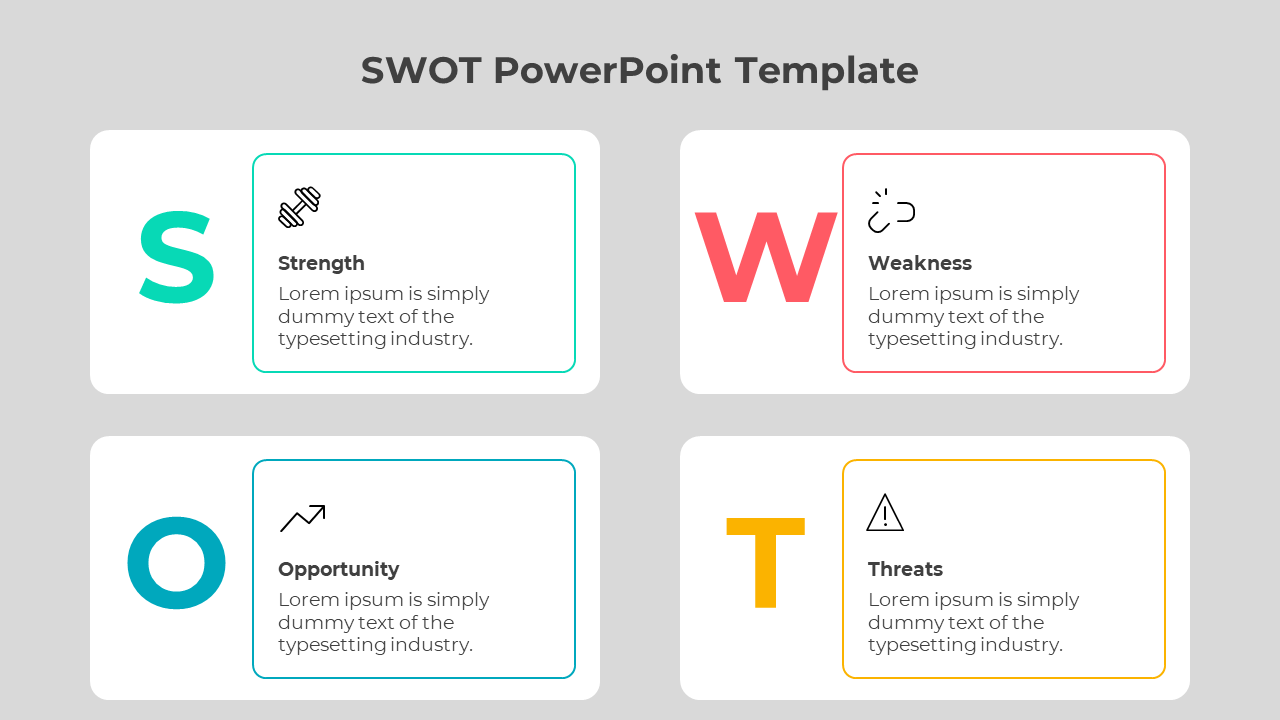 SWOT analysis slide with four sections labeled strength, weakness, opportunity, and threats, each with icons and placeholder.