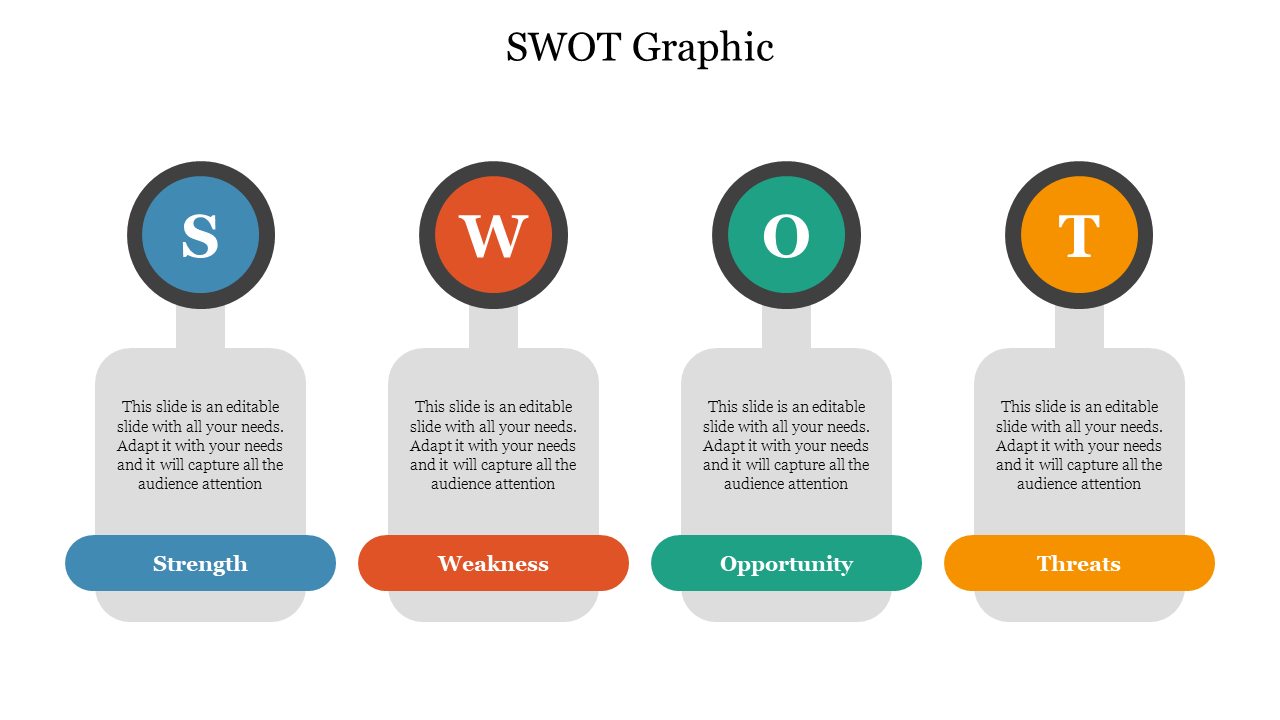 Infographic showcasing a SWOT analysis with labeled circular elements and placeholder text areas.