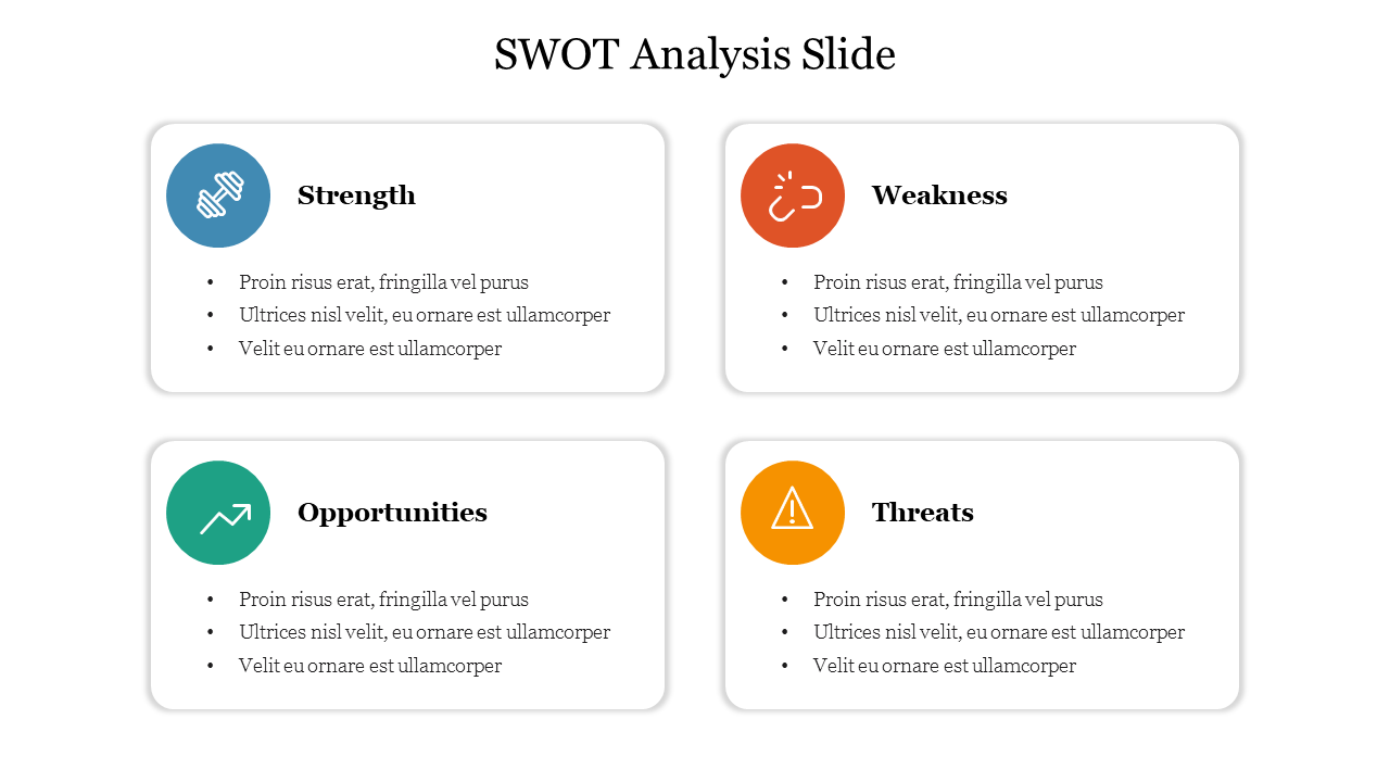 SWOT analysis slide with four icons in circular color blocks in blue, orange, green, and yellow, and text boxes.