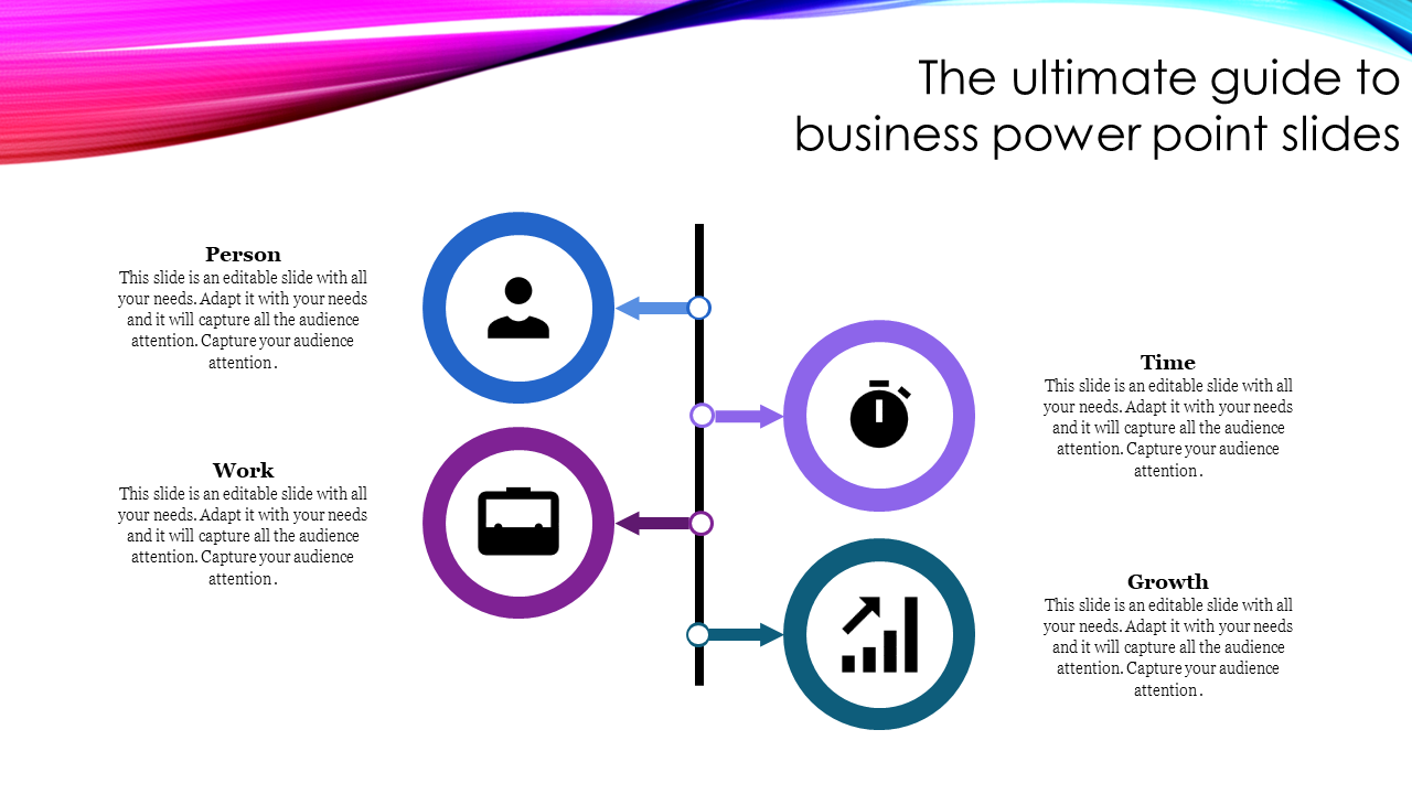 PowerPoint slide featuring icons for Person, Work, Time, and Growth with corresponding descriptions.