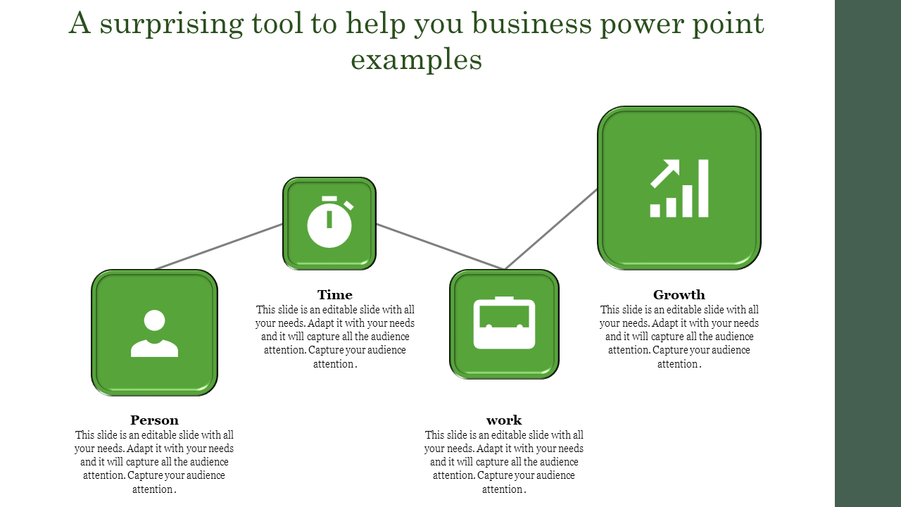 Flowchart with four connected green squares featuring icons and descriptions below, on a white background.