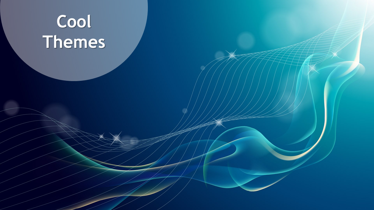 Abstract cool themed PPT slide design with flowing lines and light effects on a gradient blue background.