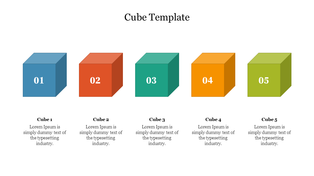 Five colorful 3D cubes numbered 01 to 05, each in different colors with placeholder text areas underneath each.