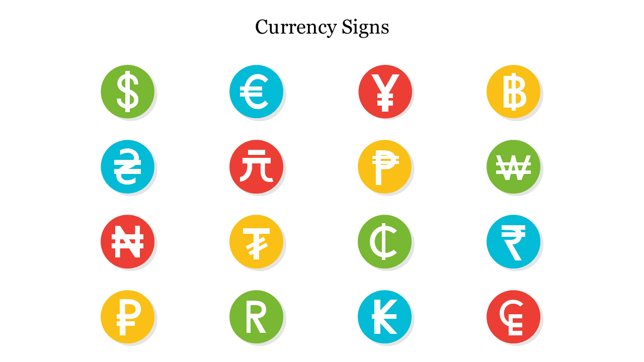 A set of various currency symbols displayed in colorful circular icons, including the dollar, euro, yen, and Bitcoin.