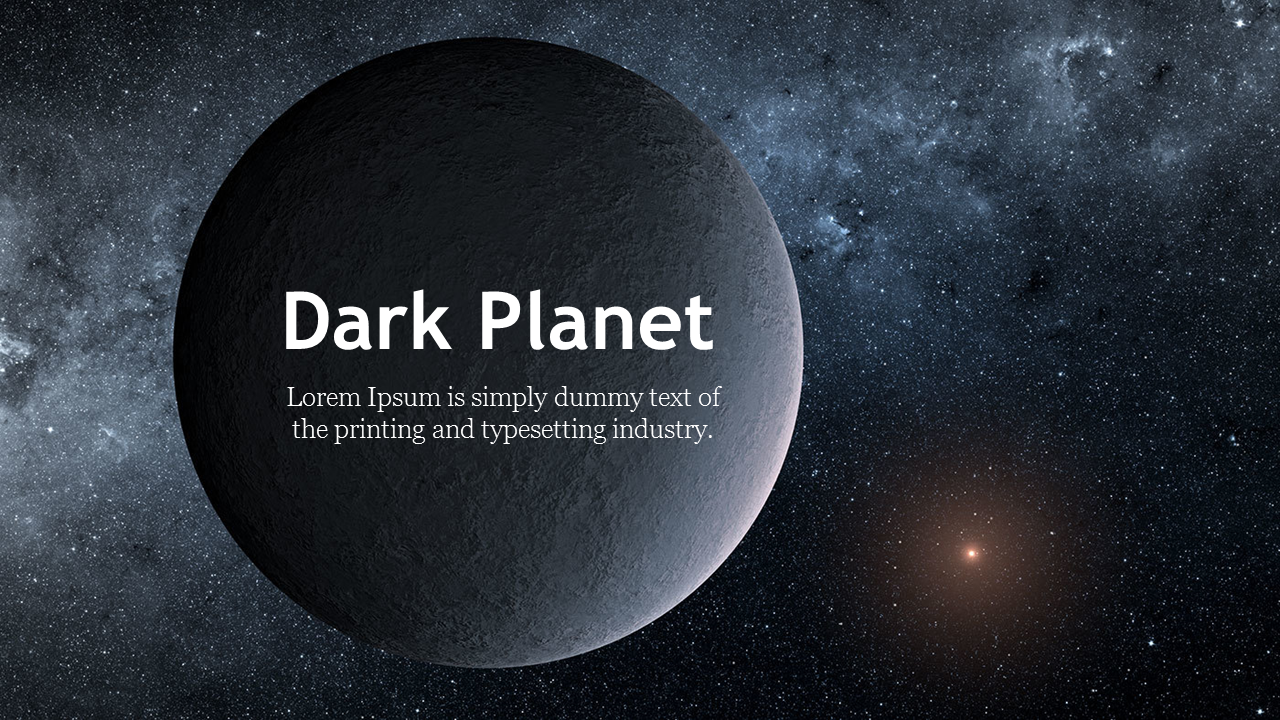 Dark, textured planet on the left with space and distant stars in the background, text overlay on the surface.