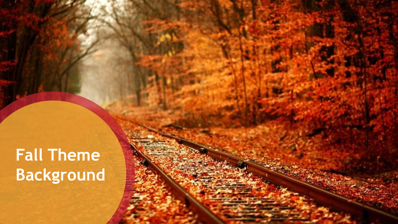 Fall themed background featuring a railway track surrounded by vibrant autumn leaves with a circular text overlay.