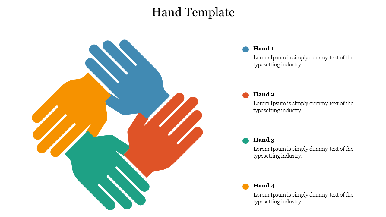 Colorful hand slide in circular formation representing different roles, with text placeholders for each on a white backdrop.