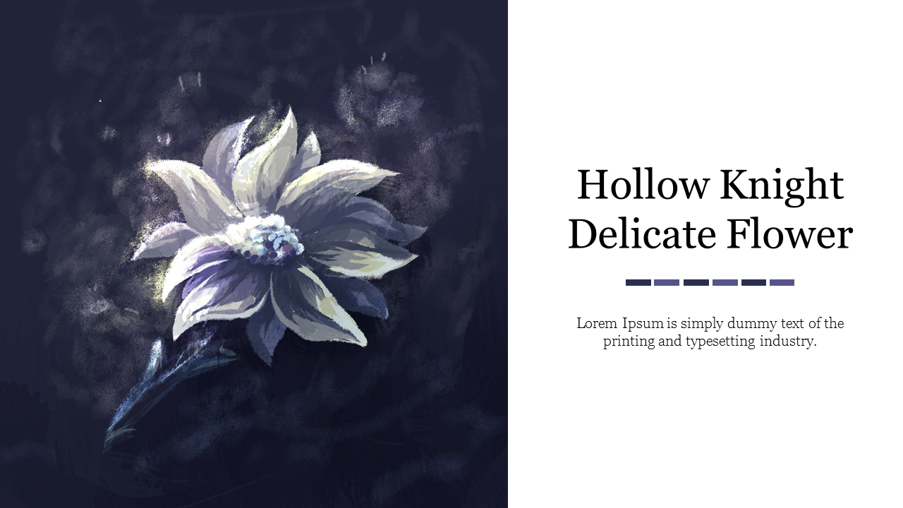 A delicate white flower, set against a hollow dark, knight background, with subtle highlights and a caption area.