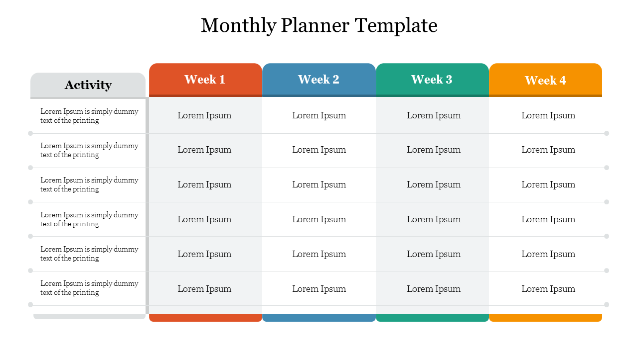 Monthly planner slide with four weekly columns and activity rows, designed for organizing tasks with placeholder text.