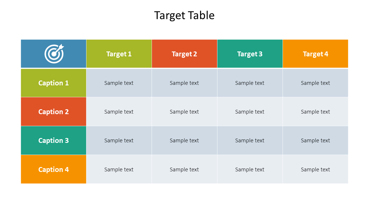 Slide featuring a colorful target table with four columns labeled target 1 to target 4, and four rows with captions.