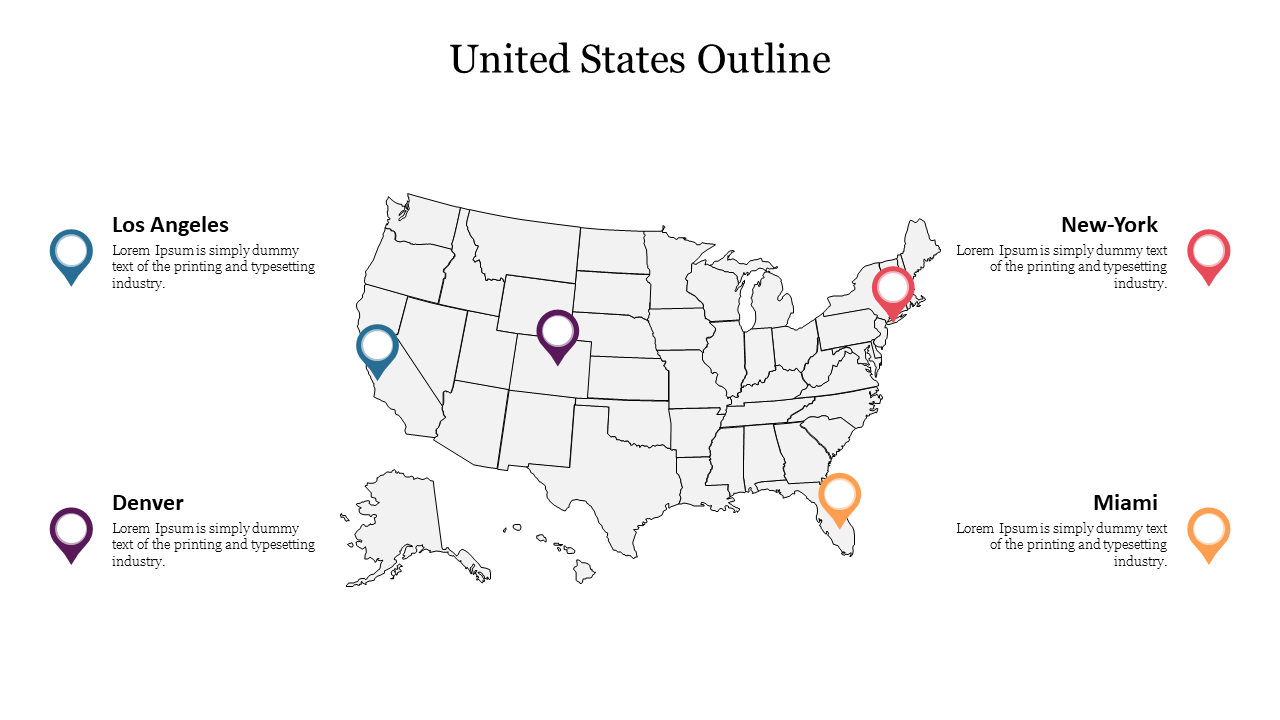 United States map with location pins in blue, purple, red, and orange marking various cities across the country.