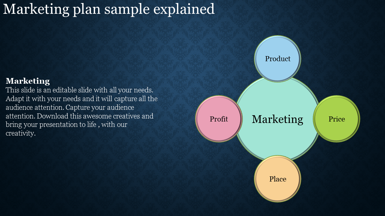 Marketing plan slide featuring a central circle and four surrounding bubbles labeled product, price, place, and profit.